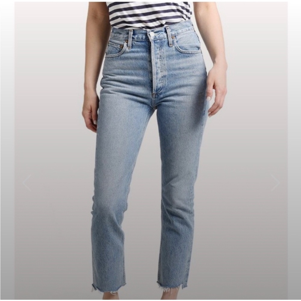 Agolde Riley Straight Jeans Size 27 Medium Wash Cropped Raw Hem 100% Cotton